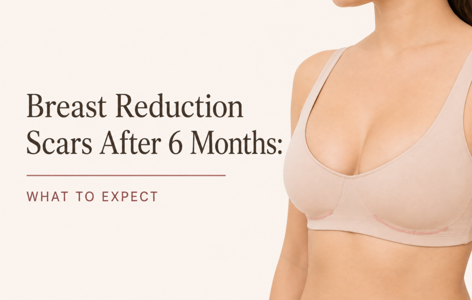 Breast reduction scar healing after 6 months showing recovery progress and scar improvement