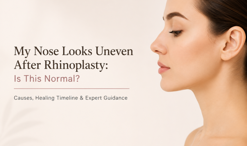 Uneven nose after rhinoplasty showing post-surgery recovery and healing process Uneven nose after rhinoplasty showing post-surgery recovery and healing process