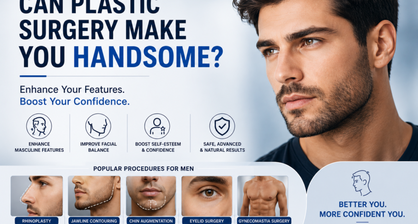 Male plastic surgery and facial enhancement infographic banner