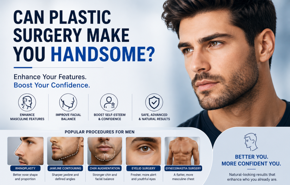 Male plastic surgery and facial enhancement infographic banner