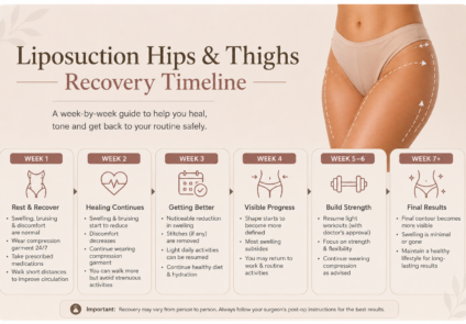Liposuction hips and thighs recovery timeline shown week by week
