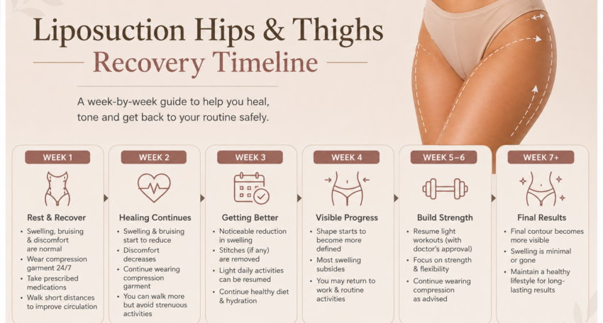 Liposuction hips and thighs recovery timeline shown week by week
