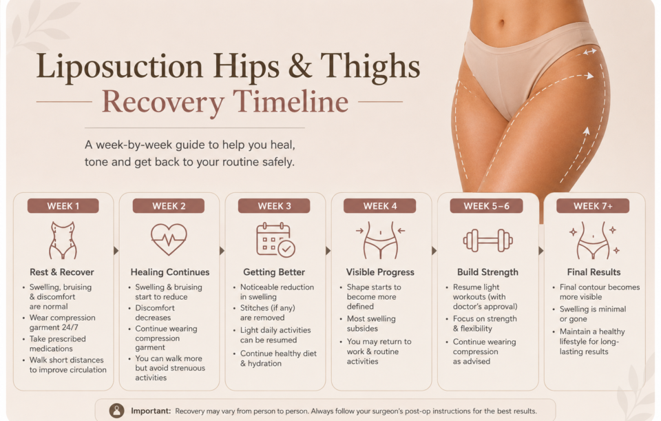 Liposuction hips and thighs recovery timeline shown week by week